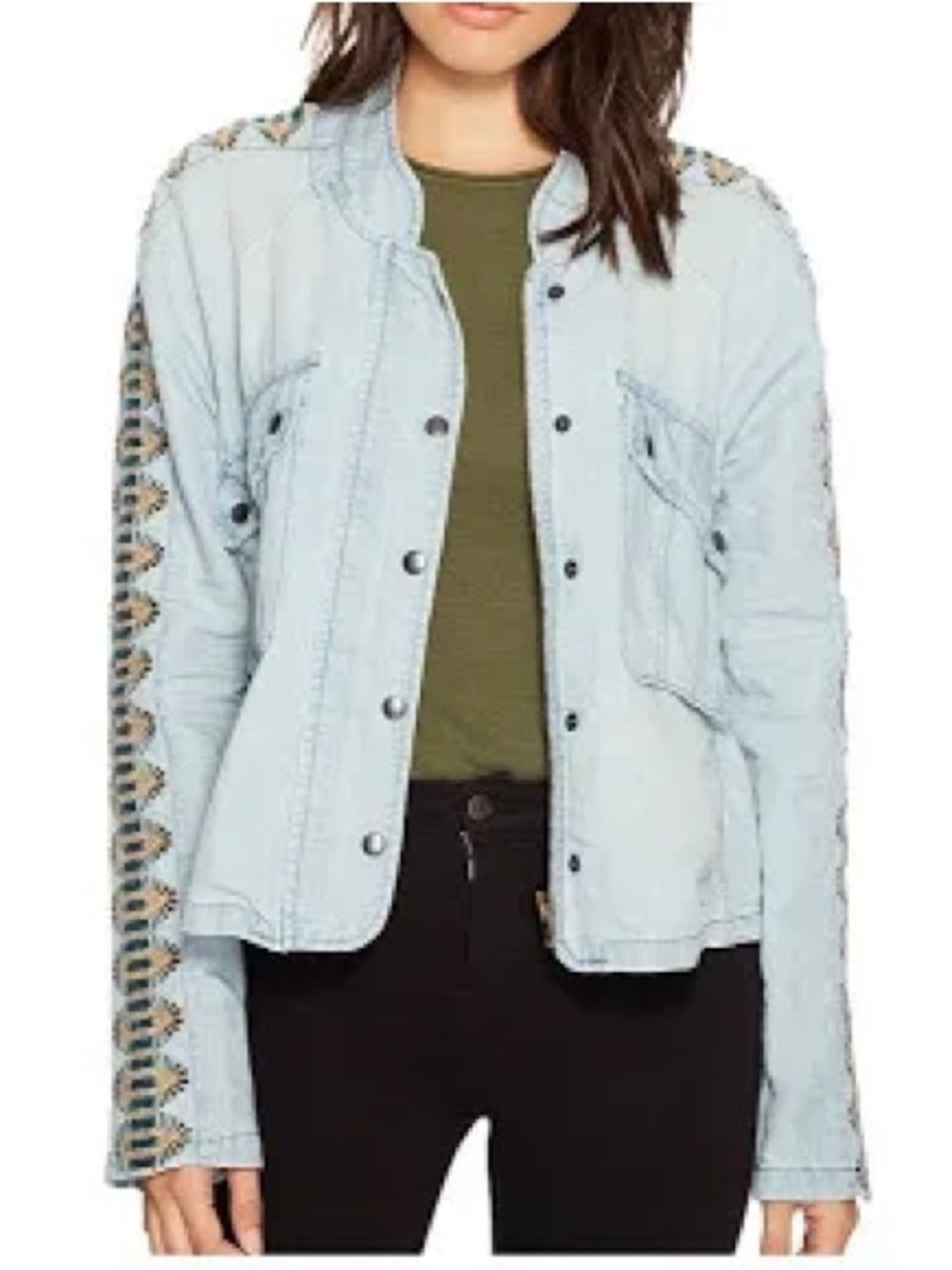 Free People Embroidered Chambray Jacket Womens Large Blue Linen Cotton Blend S - Picture 2 of 14